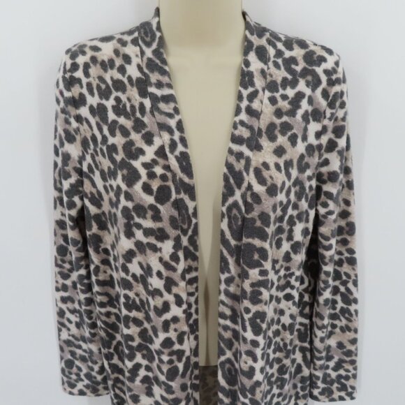 GUESS Womens Small Gray Fuzzy Leopard Animal Print Long Sleeve Open Front Duster - Picture 2 of 10
